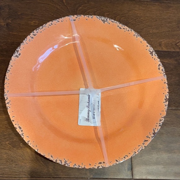 Tommy Bahama MELAMINE Dinner Plates Orange Crackle  NEW Set of 4 - Picture 1 of 2